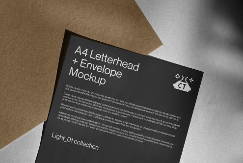 Professional A4 letterhead and envelope mockup on textured background. Ideal for showcasing design work, stationery mockup, branding presentation.